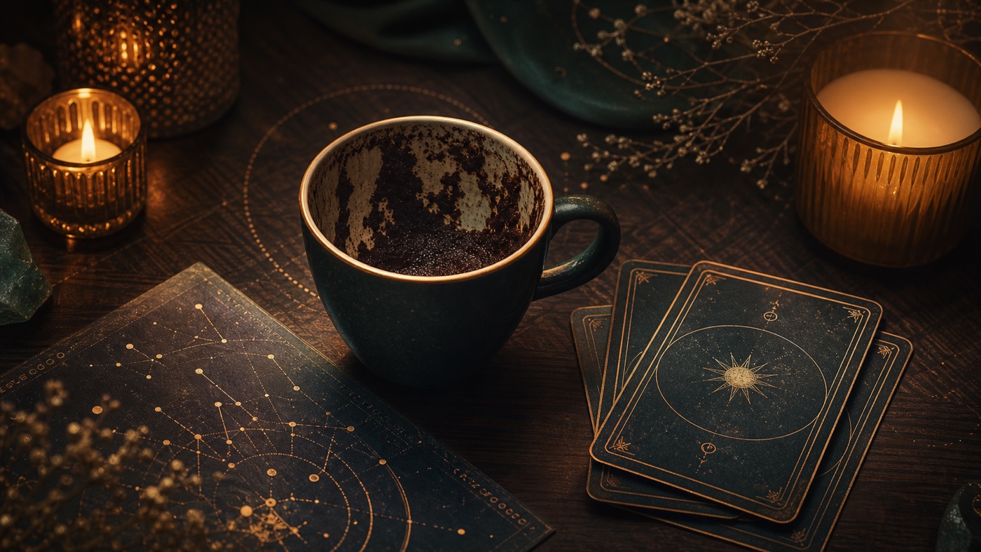 Coffee cup, Tarot cards, astrology chart, and numerology symbols arranged for a personal reading